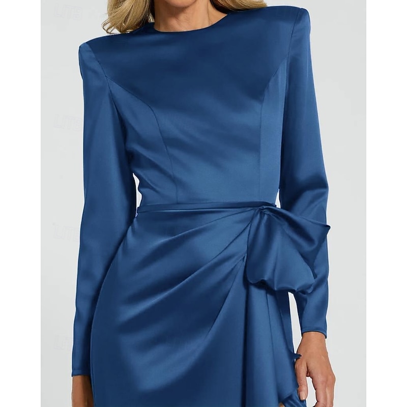 Black Tie Mermaid / Trumpet Evening Gown Elegant Dress Formal Wedding Floor Length Long Sleeve Satin Dress Crew Neck with Bow(s) Ruched Slit2