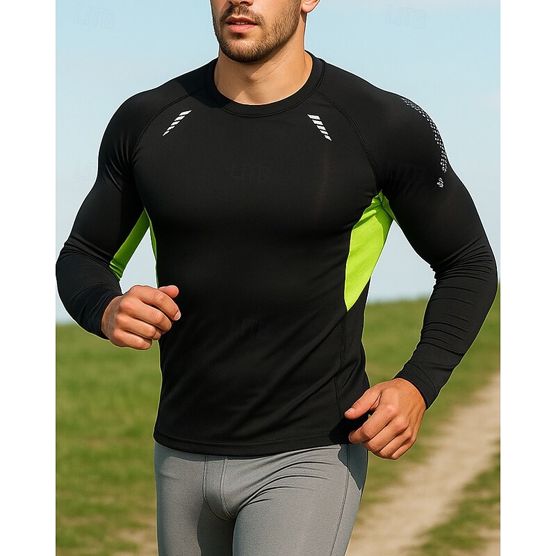 Men's Running Shirt Tennis Shirt Slim Long Sleeve Tee Tshirt Color Block Quick Dry Lightweight Elastic Breathable Tennis Golf Running Sportswear Activewear Green Gray3