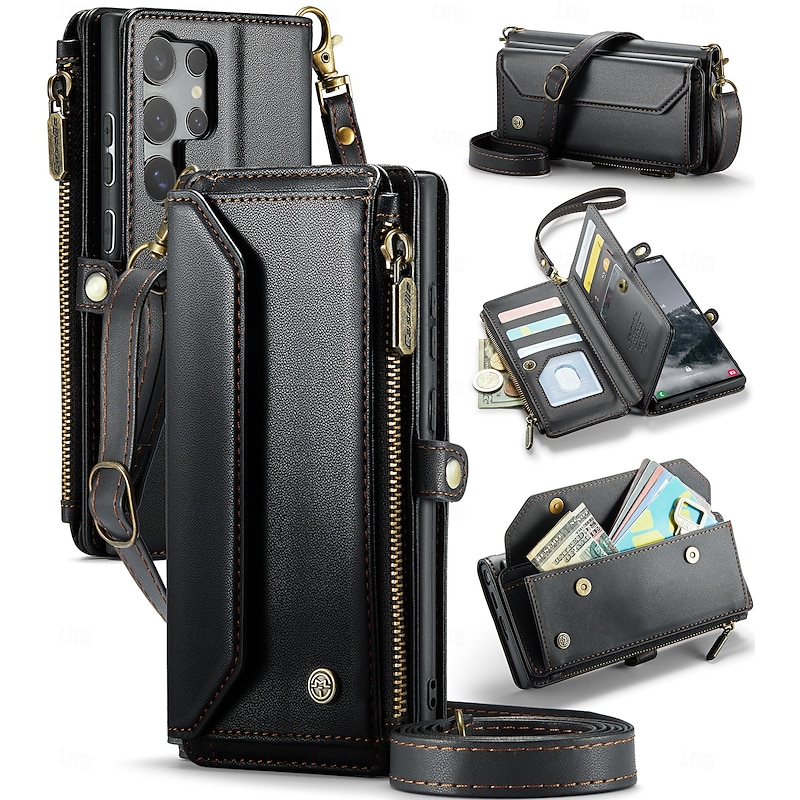 Phone Case For Samsung Galaxy S25 S25 Edge S24 S24 FE S23 S22 S21 Ultra Plus A56 A36 A16 Wallet Case with Lanyard with Wrist Strap Kickstand TPU PU Leather