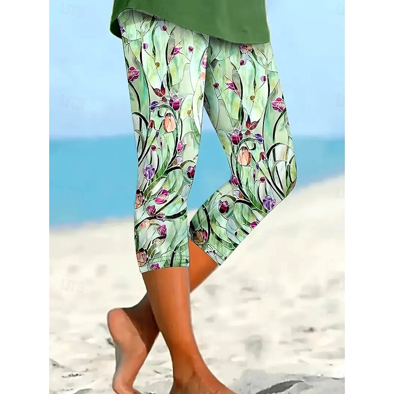 Women's Leggings Capri Pants High Elasticity Fashion Streetwear Calf-Length High Waist Floral Graphic Printing Breathable Soft  Outdoor Daily Green Summer Spring Regular Fit