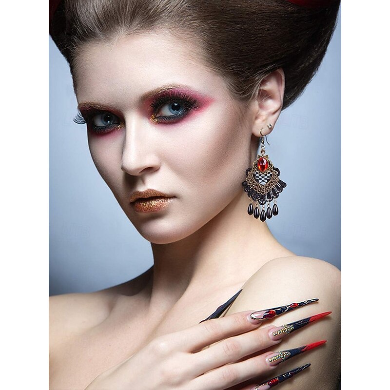 Women's Gothic Vintage Alloy Drop Earrings with Black Stone and Red Beads, Halloween Party Costume Jewelry for Retro Punk Style3