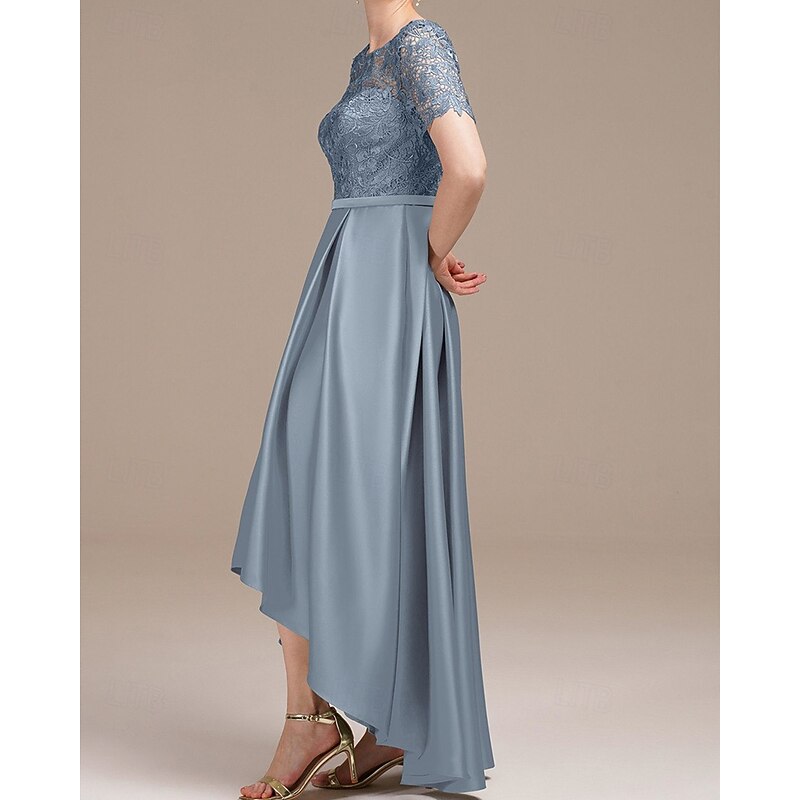 A-Line Mother of the Bride High-low Dress Elegant Simple Minimalist Boat Neck Floor Length Satin Short Sleeve with Floral Lace3