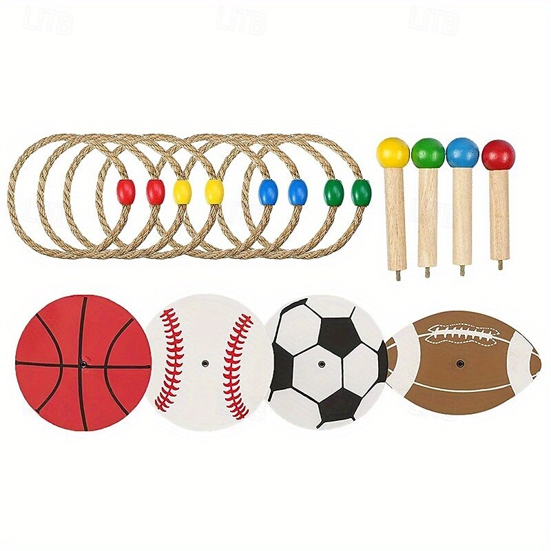 Outdoor Sports-Themed Rope Ring Toss Game with Wooden Stands and Colorful Balls - Ideal for Sensory Play and Motor Skills Development Grass Play Area Outdoor Play Equipment  Colorful Game Setup4