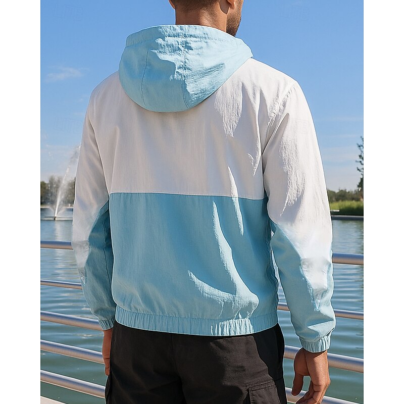 Men's Running Jacket Outdoor Jacket Pocket Full Zip Long Sleeve Outerwear Athletic Color Block Sun Protection Lightweight Breathable Tennis Golf Running Sportswear Activewear Sky Blue Light Grey2