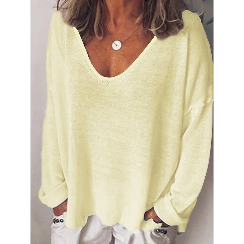 Women's Blouse Solid Color Stylish Casual Long Sleeve V Neck Regular Tops Daily Black White Yellow Army Green Blue Spring Fall Prefall4