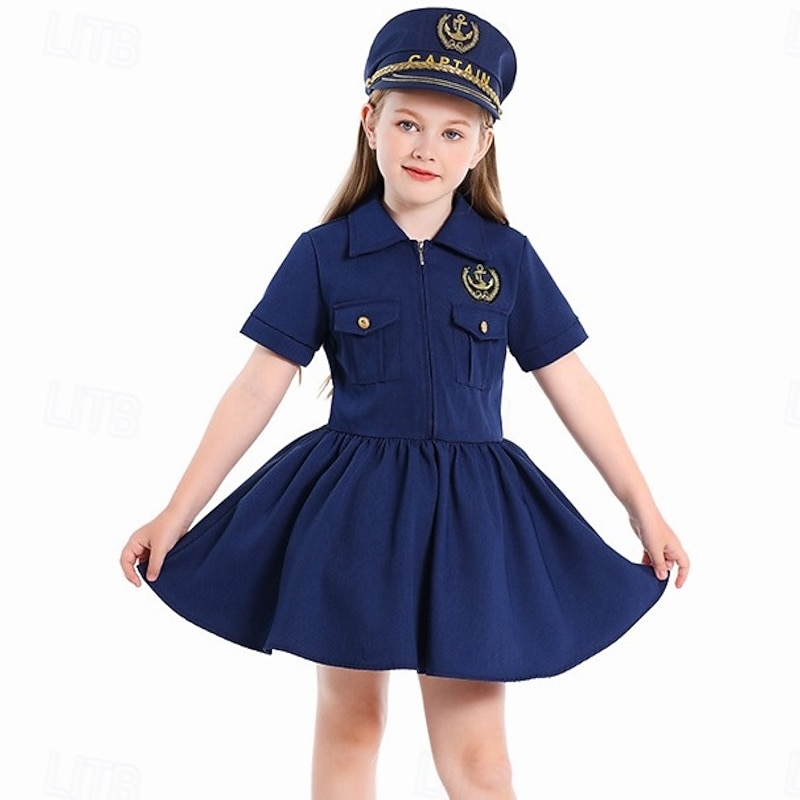 Captain Navy Sailor Halloween Dress Costume Uniform STEM Day Career Role Play Cosplay Kid's Girls' Halloween Carnival World Book Day Performance Educational Dress Up School Event Dress Up Easy