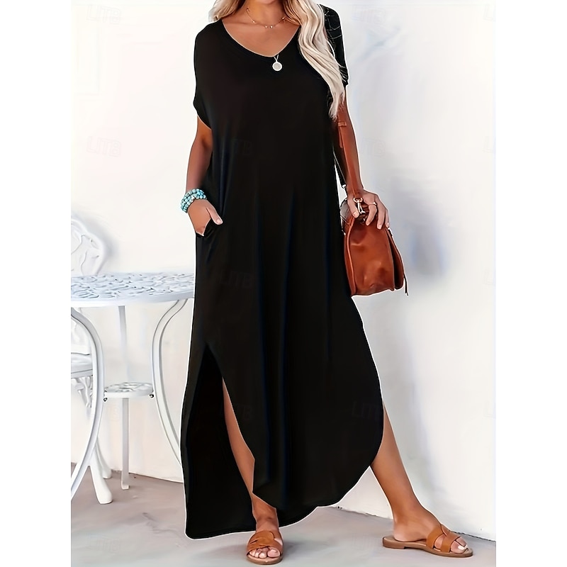 Women's Maxi Dress Summer Dress Casual Daily Regular Fit Plain Short Sleeve V Neck Black Pink Green Summer4