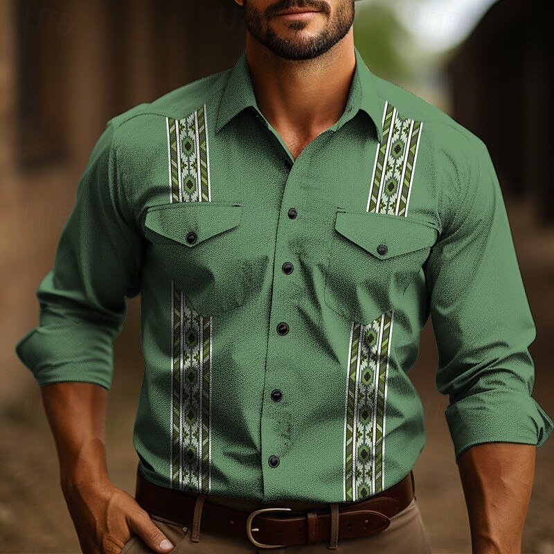 Men's Tribal Graphic Prints Vintage Shirt Western Shirt Cowboy Shirt Long Sleeve Fashion Designer Casual Outdoor Daily Fall & Winter Turndown Print Light Green Dusty Rose Blue Green