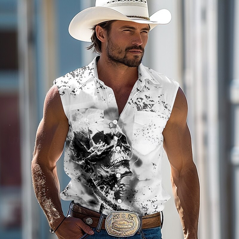 Men's Dark Skulls Shirt Western Shirt Cowboy Shirt Sleeveless Western Style Outdoor Work Causal Summer Spring Turndown 3D Print Button Up Shirts White Blue Green Khaki Gray2