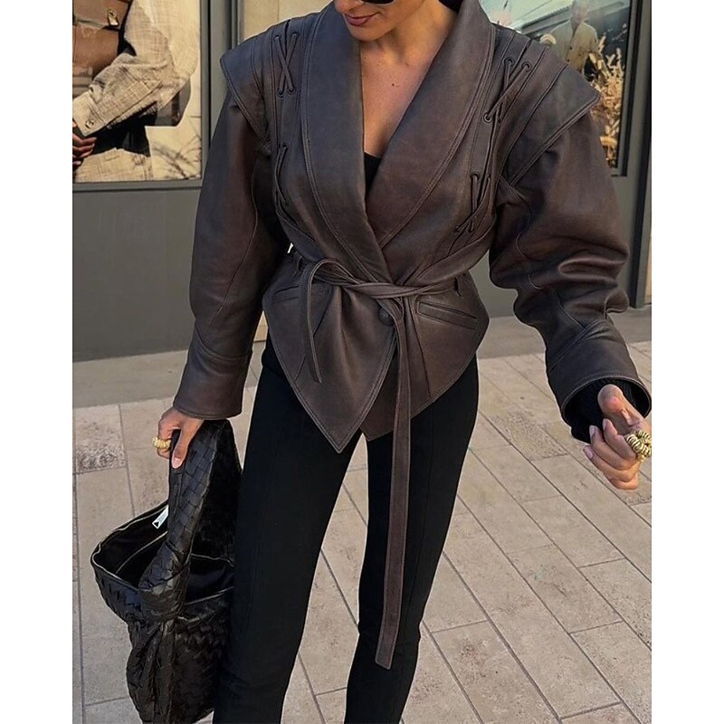 Women's Faux Leather Jacket Warm Comfortable Lace up Pocket Fashion Outdoor Plain Outdoor Street Going out Regular Turndown Regular Fit Long Sleeve Outerwear Black Brown Fall Winter3