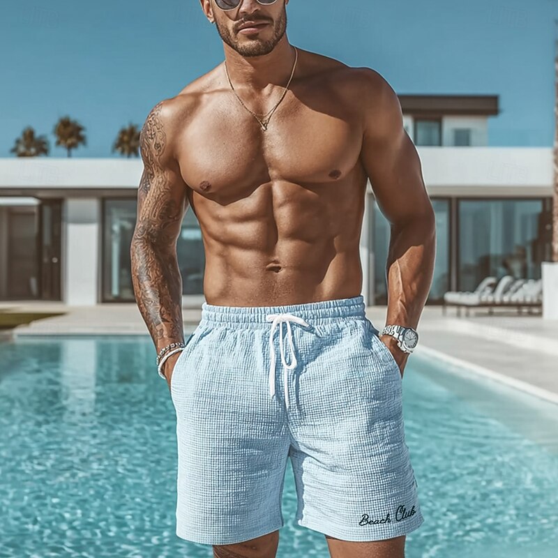 Men's Beach Letter Print Waffle Shorts Sweat Shorts Casual Shorts Mid Waist Fashion Casual Vacation Jogging Workout Elastic Drawstring Waist Shorts with Pockets Designer Clothing Apparel2