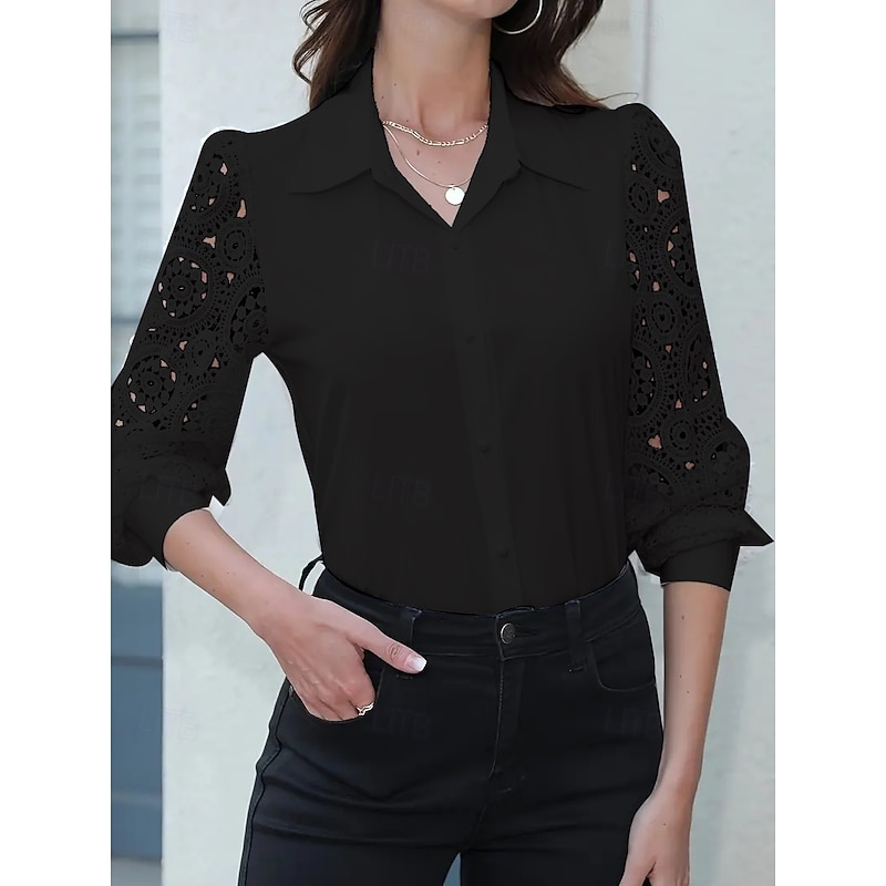 Women's Blouse Solid Color Elegant Long Sleeve Shirt Collar Regular Tops Daily Lace Buttons Cut Out Black White Spring Fall