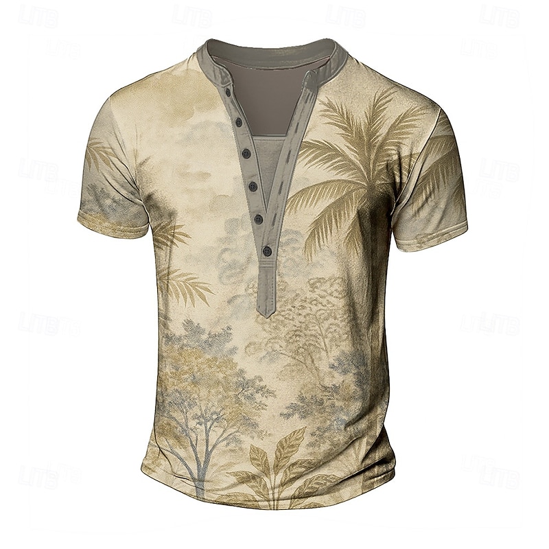 Men's Palm Tree T Shirt Henley Shirt Tee Short Sleeve Designer Basic Classic Outdoor Casual Daily Summer Dark Brown Grey Khaki Henley Henley T-Shirt