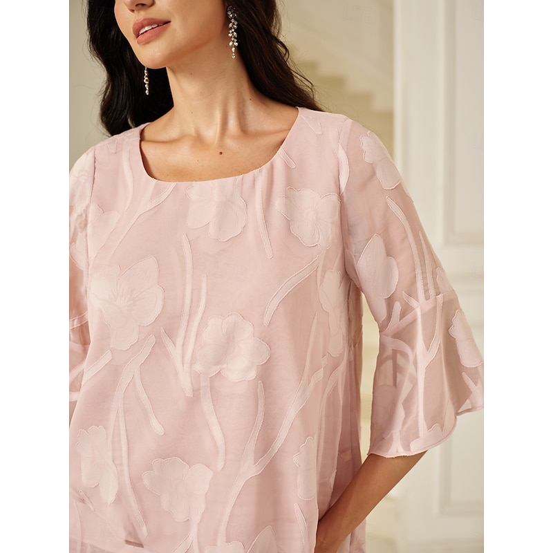 Women's Lace Shirt Blouse Dressy Tops Chiffon Tops Solid Color Elegant Stylish Basic 3/4 Length Sleeve Bell Sleeve Boat Neck Regular Tops Wedding Guest Work Daily Asymmetric Hem Pink Summer Spring3
