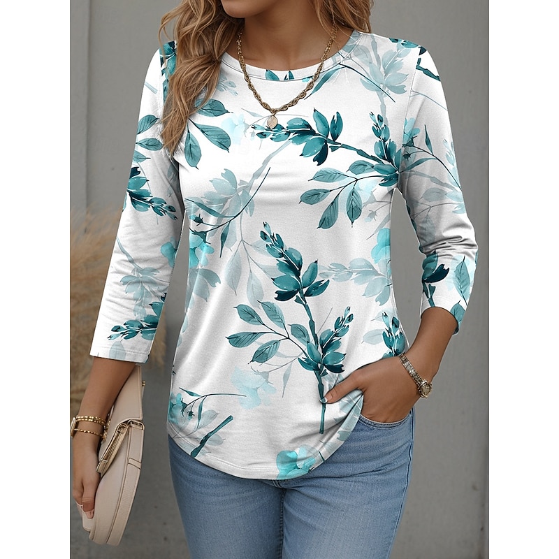 Women's T Shirt Graphic Plants Stylish Casual Long Sleeve Round Neck Regular Tops Daily Weekend Print Red Blue Purple Green Fall Winter3