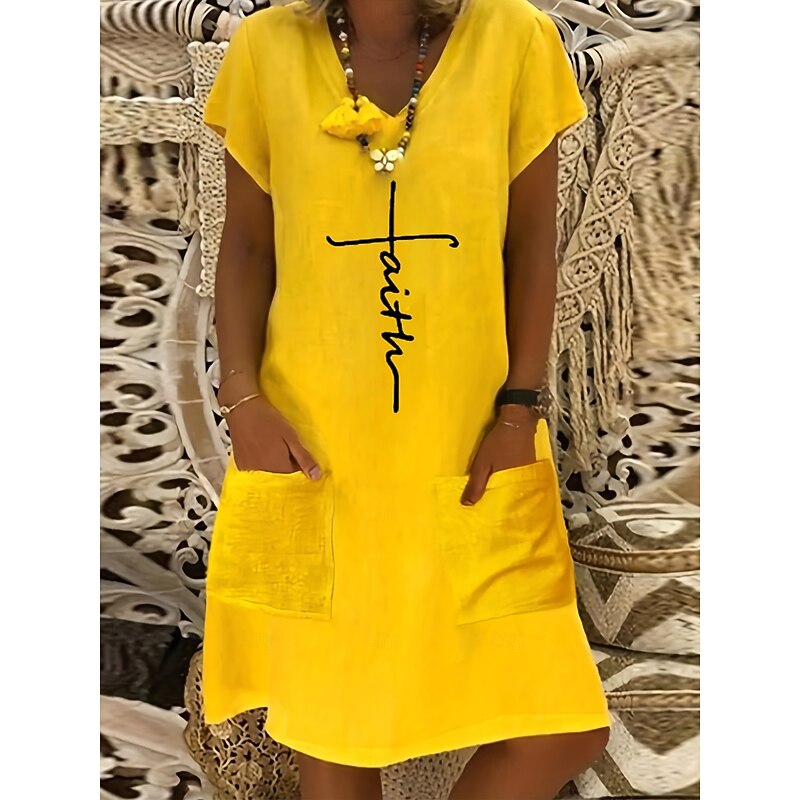 Women's Midi Dress Linen Dress Casual Dress Boho Dress Print Dress Elegant Fashion Classic Puff Sleeve Vacation Holiday Fall Dress Regular Fit Abstract Short Sleeve V Neck Yellow Light Green Burgundy