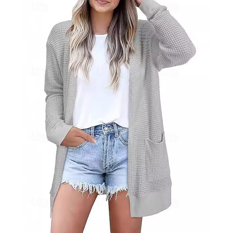 Women's Cardigan Fashion Solid Color Ribbed V Neck Pocket Knitted Long Sleeve Regular Tops Knit Holiday Going out Weekend Black Light Grey Fall Winter3