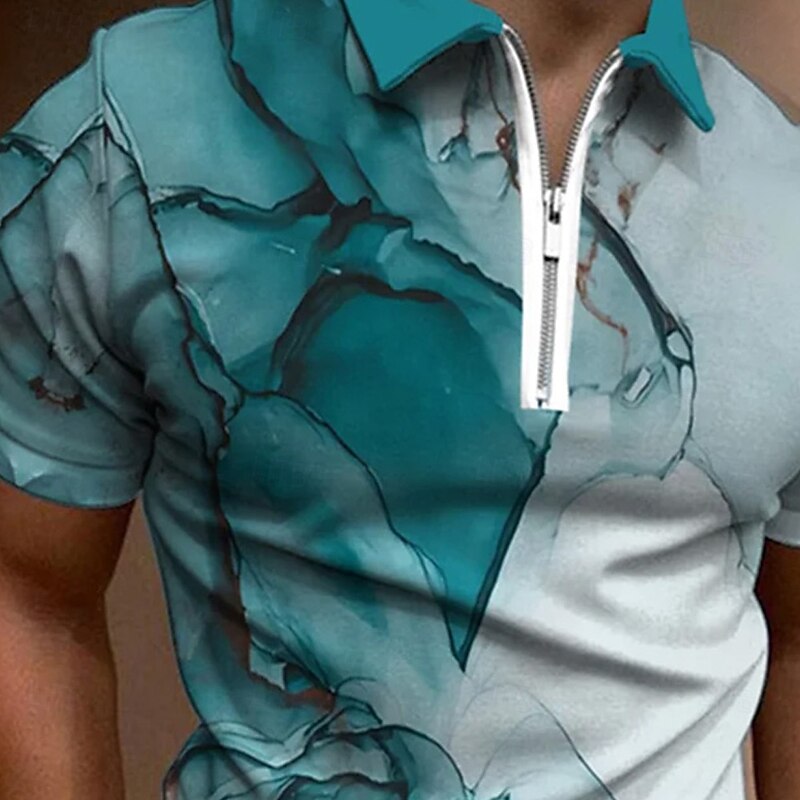 Men's Abstract Marble Zip Polo Short Sleeve Turndown Casual Daily Trendy Sports & Outdoor Athleisure Casual Daily Zipper Summer Black Green ash-colored4