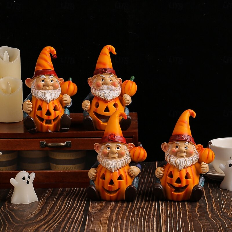 Halloween Pumpkin Gnome Resin Figurine, Glowing Pumpkin Holding Elderly Gnome, Novelty Yard Decoration, Light-Up Resin Craft Statue4