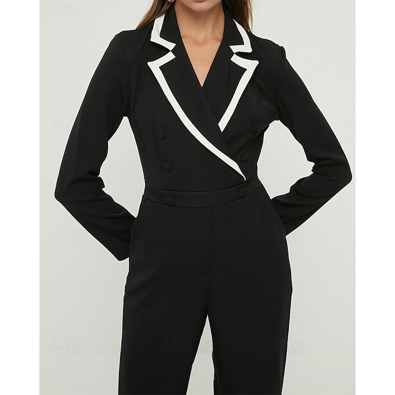 Women's Jumpsuits Formal Wedding Guest Stretch Crepe Elegant Simple Minimalist Long Sleeve Floor Length Notched Lapels Double Breasted2