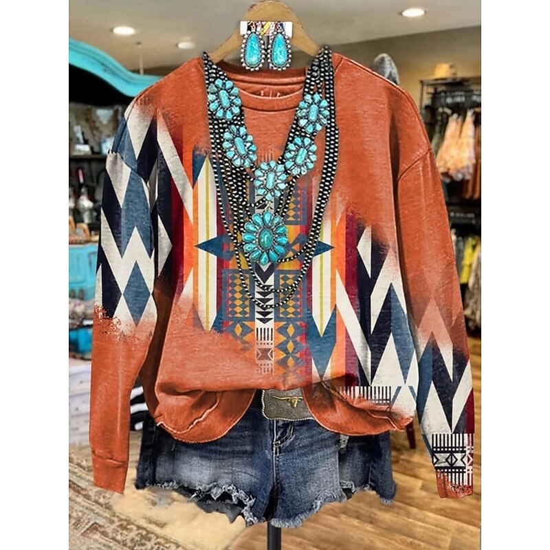 Women's Sweatshirts Graphic Geometric Casual Long Sleeve Crew Neck Regular Tops Street Dailywear Print Blue Orange Brown Fall Winter2