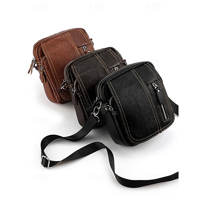 Men's genuine leather messenger bag with zipper pocket, Retro style, Can be inserted into the belt to use as a waist bag, Suitable for outdoor travel, Hiking, Camping or western cowboy wear4