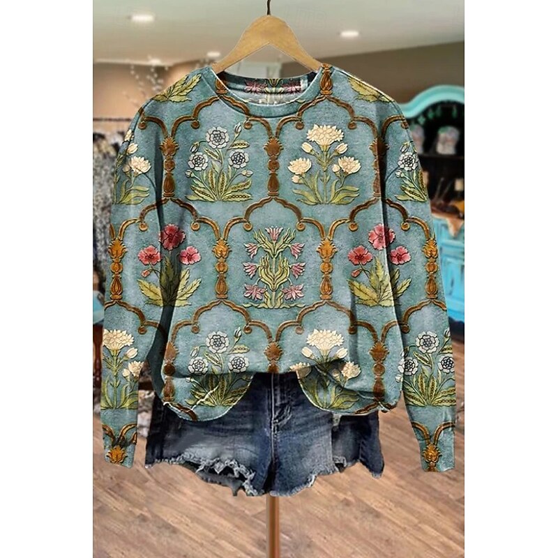 Women's Pullover Sweatshirt Floral Graphic Warm Vintage Gothic Lolita Long Sleeve Crew Neck Regular Tops Street Dailywear Casual Print Light Pink Red Brown Green Beige Spring Fall Winter