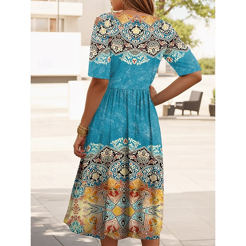 Women's Midi Dress Summer Dress Pleated Dress Vacation Casual Holiday Regular Fit Graphic Geometric Half Sleeve Crew Neck Red Blue Purple Summer Spring2