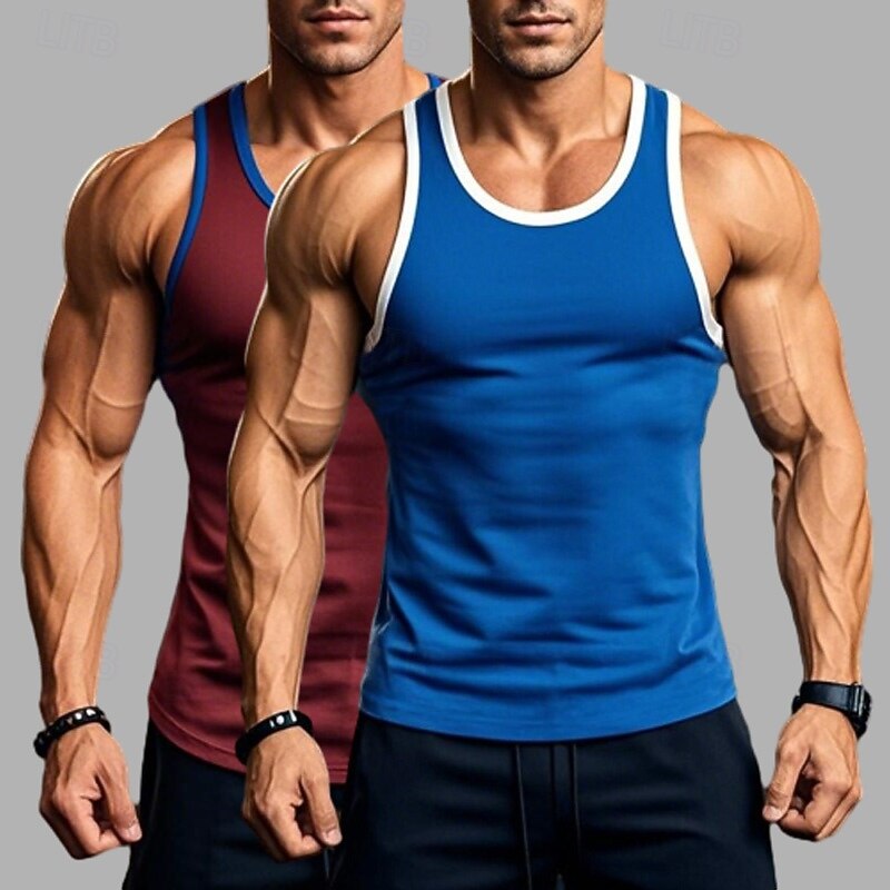 2PCS Men's Tank Top Vest Undershirt Sleeveless Shirt Sleeveless Round Neck Summer Solid Color Plain Athletic Color Block 2 Pack Street Casual Sports Blue Blue Army Green Gray Top Tee2