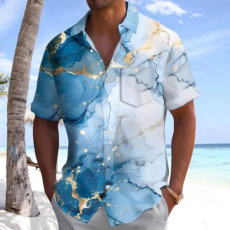Men's Geometric Abstract Marble Shirt Summer Shirt Button Up Shirt Short Sleeve Fashion Casual Outdoor Vacation Dailywear Summer Spring Turndown 3D Print Collared Shirts Front One Pocket Yellow Red