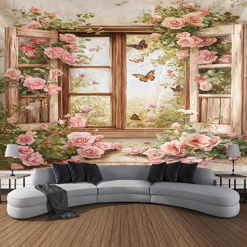 Window Flowers Plants Flowers Scenery Tapestry Decorative Art Carpet Curtains Hanging Home Bedroom Living Room Decoration4