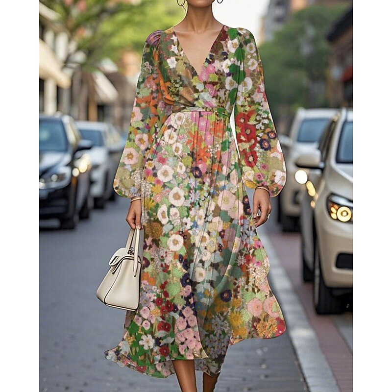 Women's Midi Dress Casual Dress Print Dress Elegant Fashion Outdoor Party Holiday Regular Fit Geometric Striped Long Sleeve V Neck Black Green Khaki Summer Spring3