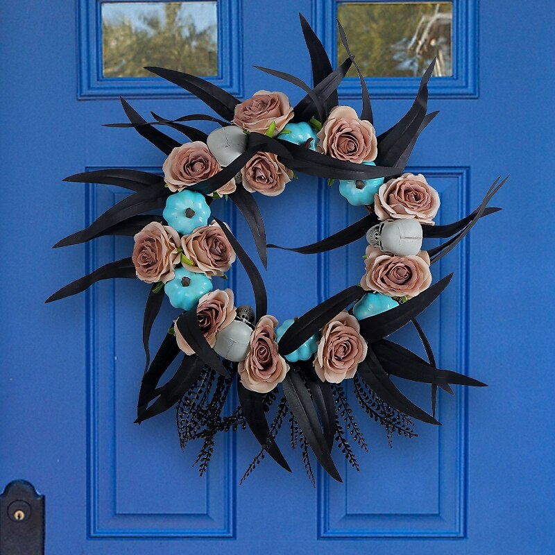 Halloween Wreath for Front Door Indoor Outdoor Decoration, Pumpkin Skull Vine Wreath Wall Hanging, Spooky Halloween Party Prop Festival Decor for Home Door Window3