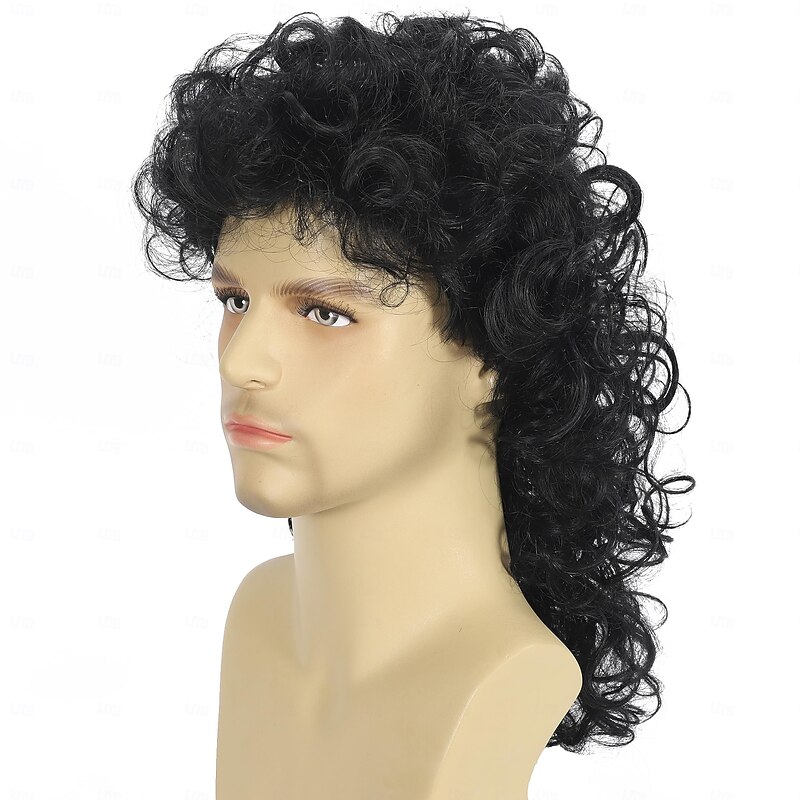 Curly Mullet Wigs for Men 80s Black Long Curly Wigs Hippie Rocking 80s Party Cosplay Costume Anime Heat Resistant Synthetic Hair Wig 70's Wig Halloween Wigs4