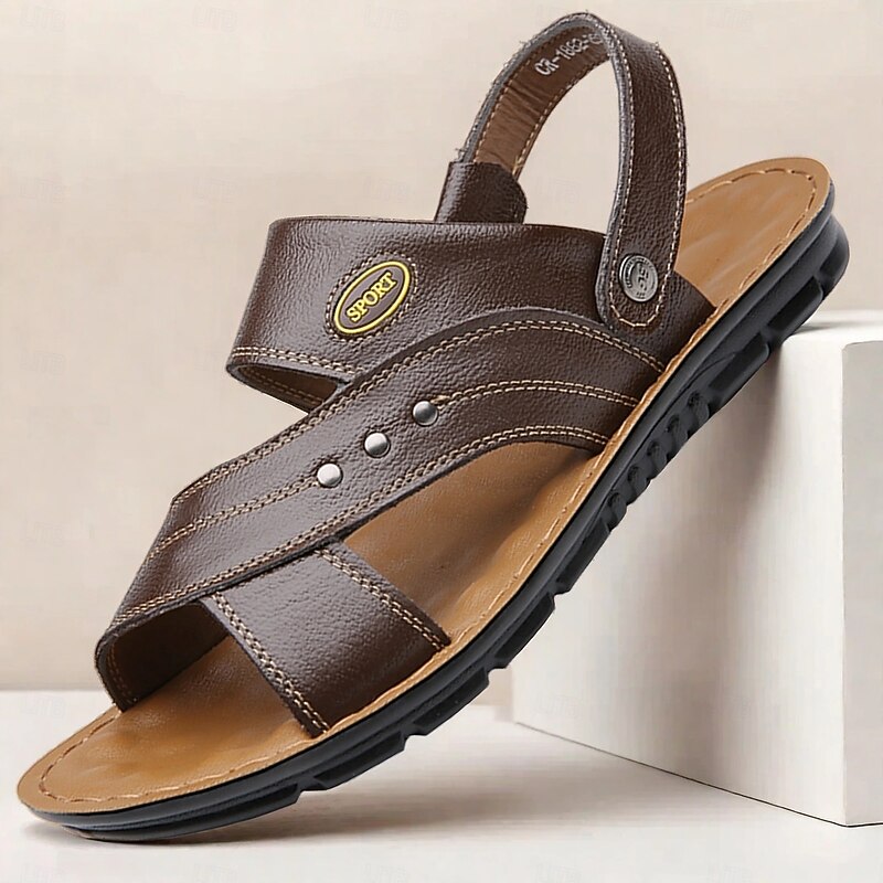 Men's Brown Faux Leather Strapped Sandals Adjustable Hook and Loop Fastening Soft Cushioned Footbed Perfect for Casual Everyday Wear and Walking