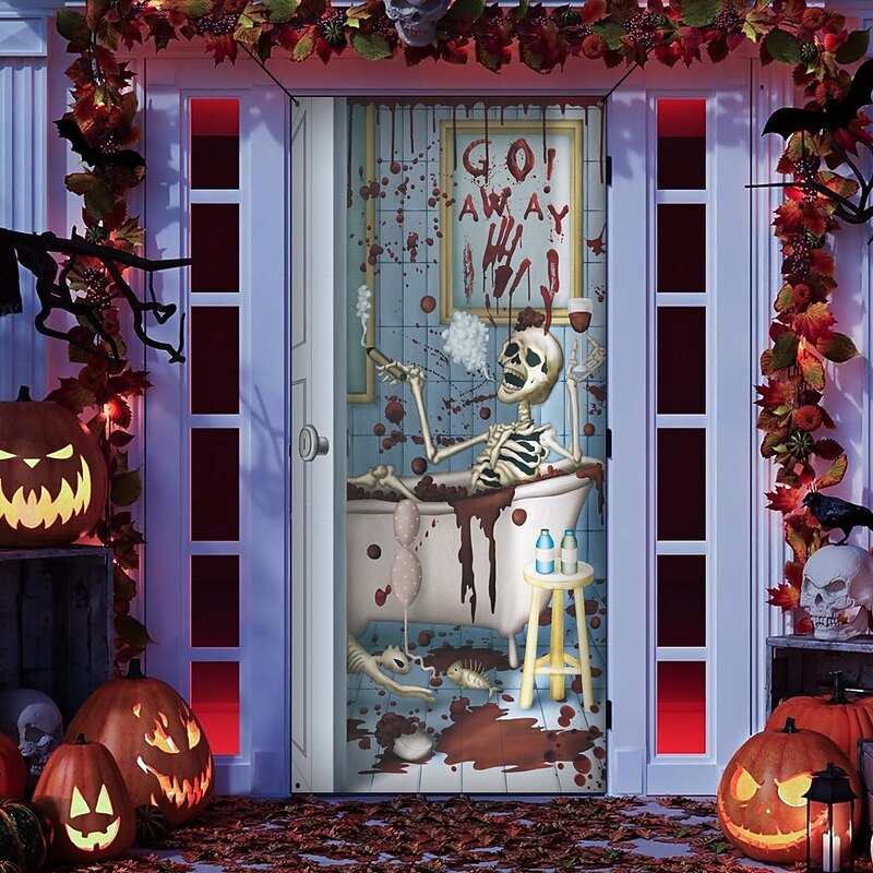 Halloween Door Covers Werewolf Skeleton Door Tapestry Door Curtain Decoration Backdrop Door Banner for Front Door Farmhouse Holiday Party Indoor Outdoor Decor Supplies