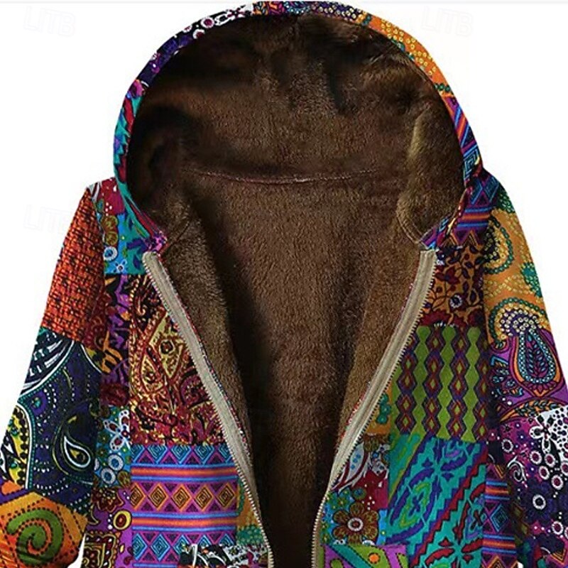 Women's Fleece Jacket Coat Hoodie Jacket Warm Comfortable Zipper Pocket Modern Casual Mixed Color Going out Weekend Zipper Regular Hooded Regular Fit Long Sleeve Outerwear Red Orange Winter3