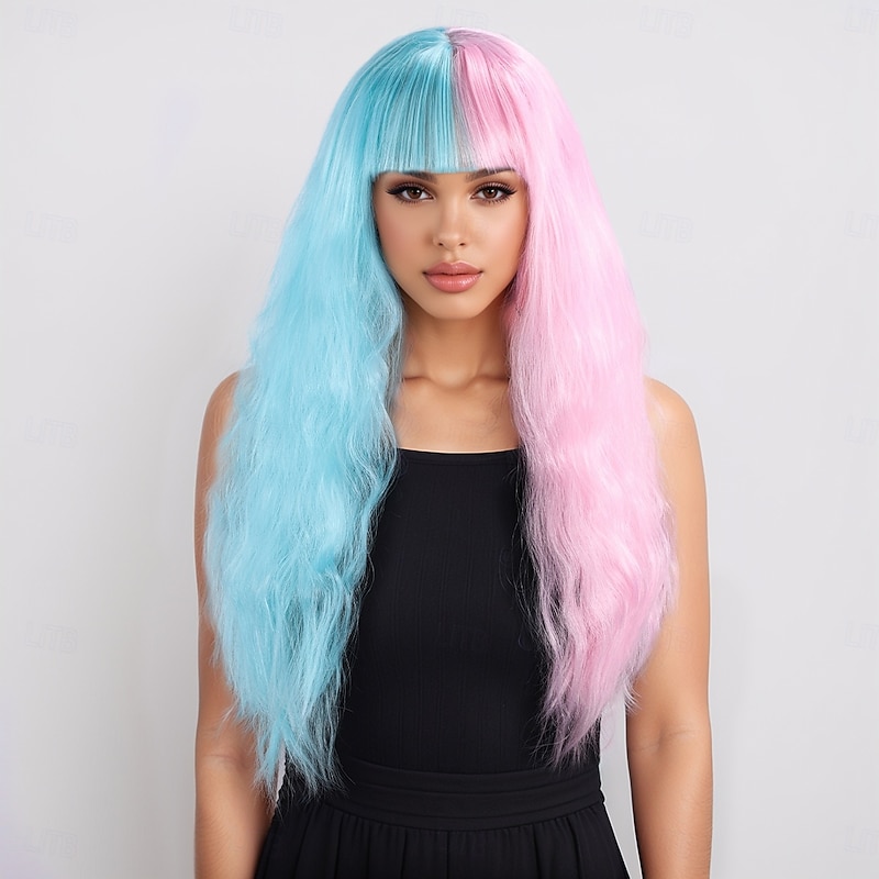 Synthetic Wig Bouncy Curl Water Wave Layered Haircut With Bangs Machine Made Wig 24 inch A1 Synthetic Hair Women's Classic Comfortable Ombre Hair Pink Blue3