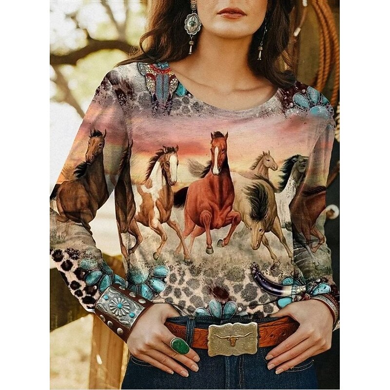 Women's T shirt Crew Neck Long Sleeve Tunic Graphic Geometry Bohemia Vintage  Round Neck Regular Tops Daily Club Uniforms Going out Print Gray / Red Light Brown Green Khaki Summer2