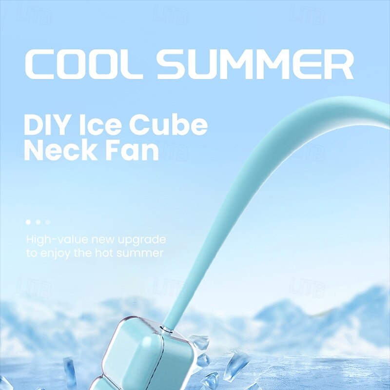 1 Pc new ice cube shaped fan with light hanging neck DIY detachable desktop handheld hanging neck three in one 180 degree rotation adjustable wind, long-lasting battery life