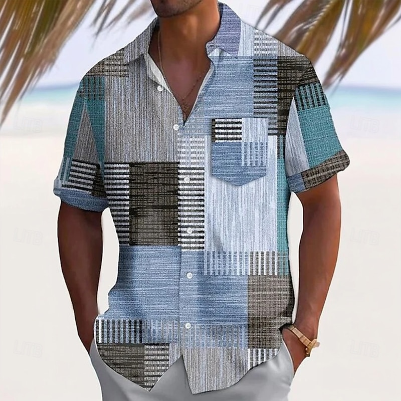 Men's Geometric Color Block Patchwork Shirt Summer Shirt Button Up Shirt Short Sleeve Fashion Casual Outdoor Vacation Dailywear Summer Spring Turndown 3D Print Collared Shirts Front One Pocket Black