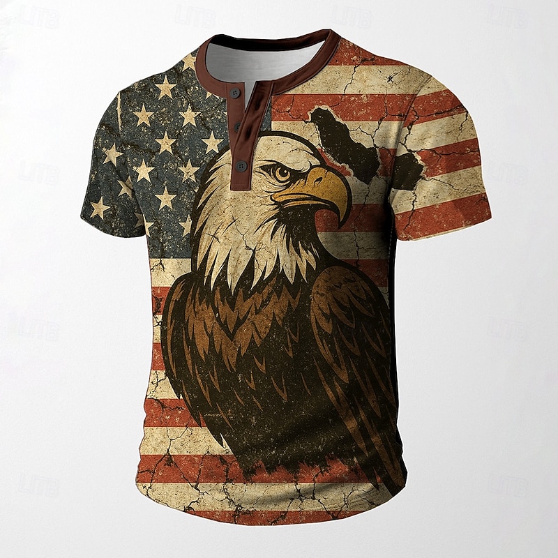 Men's Graphic Flag Eagle T Shirt Henley Shirt Short Sleeve Vintage Designer Retro Vintage Street Casual Daily Summer Spring Army Green Black White Red Henley Henley T-Shirt2