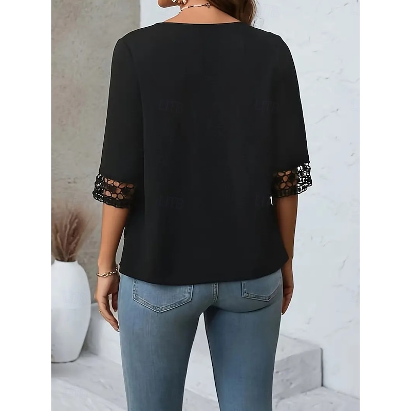 Women's Casual Jacket Breathable Comfortable Patchwork Cut Out Elegant Casual Plain Vacation Street Casual Daily Wear Open Front Regular Crewneck Regular Fit Half Sleeve Outerwear Black Summer Spring2