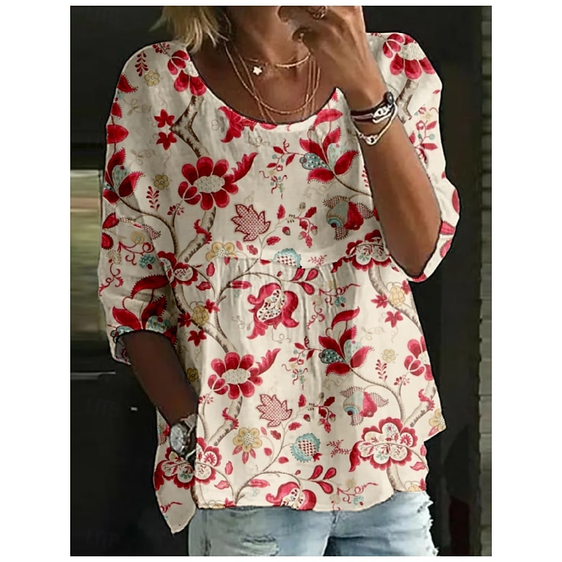 Women's Blouse Floral Stylish 3/4 Length Sleeve Crew Neck Regular Tops Daily Holiday Print White Red Royal Blue Blue Orange Summer4