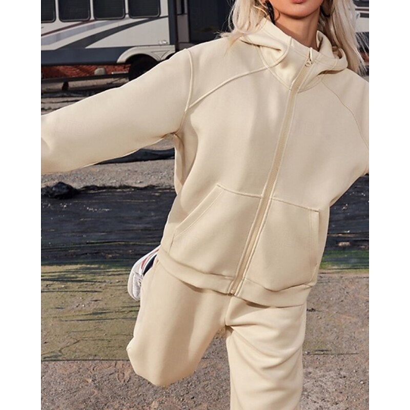 Women's Tracksuit Sweatpants Hooded Jacket Zipper Pocket Solid Colored Clothing Suit Fall Dark Grey Apricot Workout Athleisure Running Thermal Warm Windproof Long Sleeve Sport Activewear Stretchy2