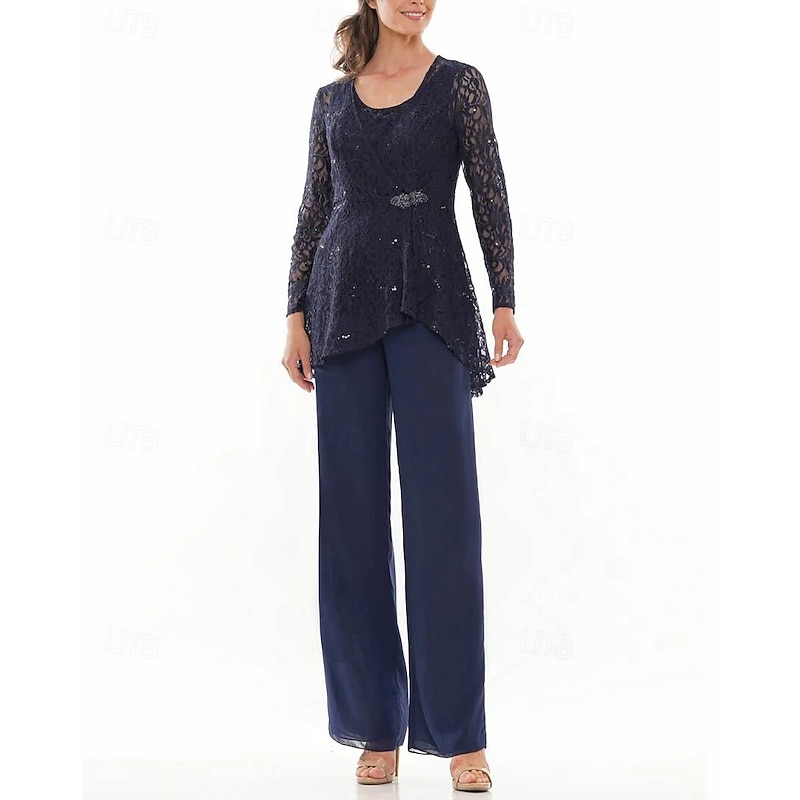 Pantsuit 3 Piece Mother of the Bride Dress Elegant Crew Neck Floor Length Chiffon Long Sleeve with Lace Ruffles4