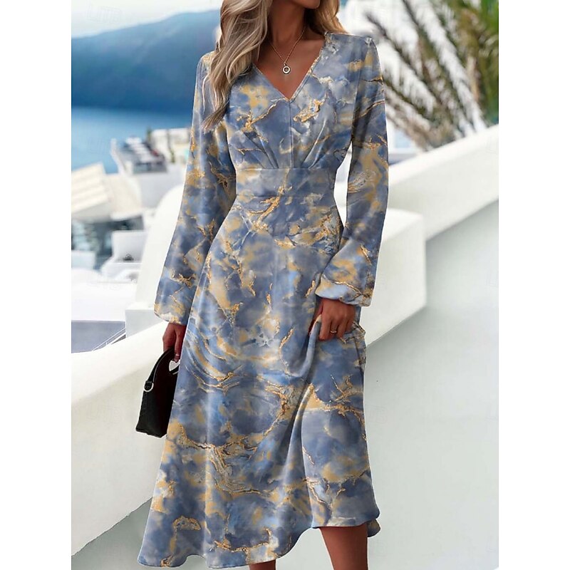 Women's Midi Dress A Line Dress Semi Formal Office Regular Fit Marble Long Sleeve V Neck Pink Khaki Gray Summer
