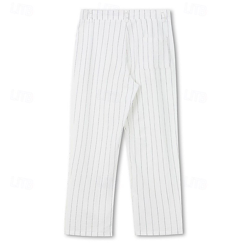 Men's Linen Pants Trousers Summer Pants Beach Pants Pocket Straight Leg Striped Comfort Breathable Vacation Daily Holiday Hawaiian Boho Black White3