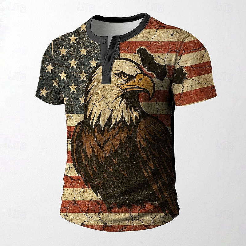 Men's Graphic Flag Eagle T Shirt Henley Shirt Short Sleeve Vintage Designer Retro Vintage Street Casual Daily Summer Spring Army Green Black White Red Henley Henley T-Shirt4