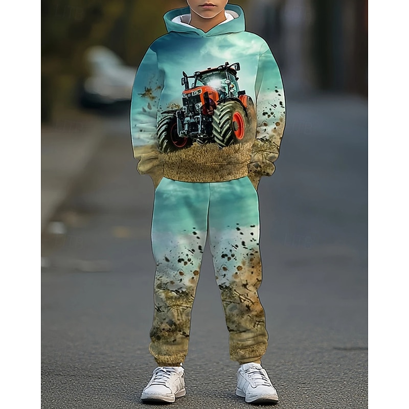 Boys' 3D Graphic Car Hoodie & Sweatpants Set Sports Suit Tracksuits Long Sleeve Spring Fall Daily Basic Casual Kids 4-12 Years Hooded Outdoor Vacation Sports Tailored Fit